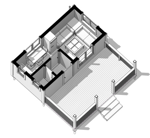 3D схема каркасной бытовки 3х6 с верандой