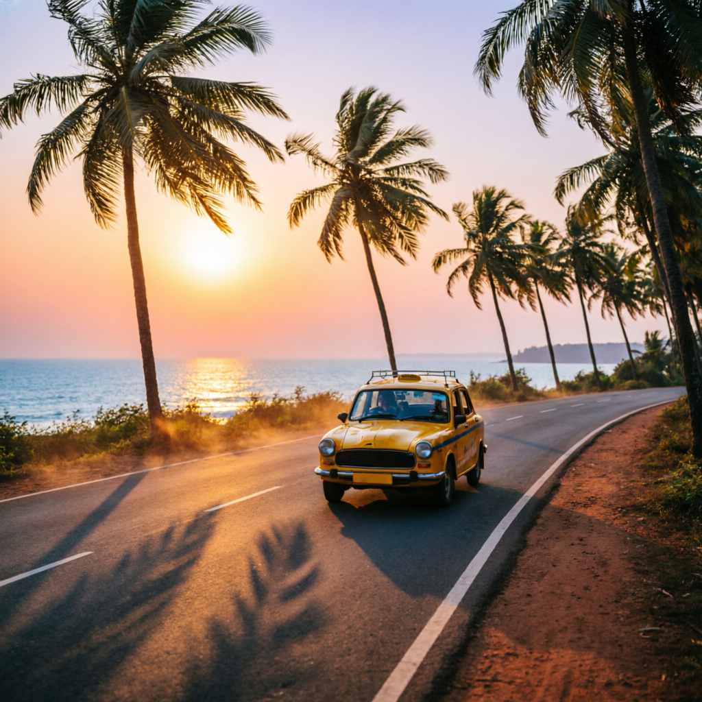 Taxi on a coastal Goa road at sunset