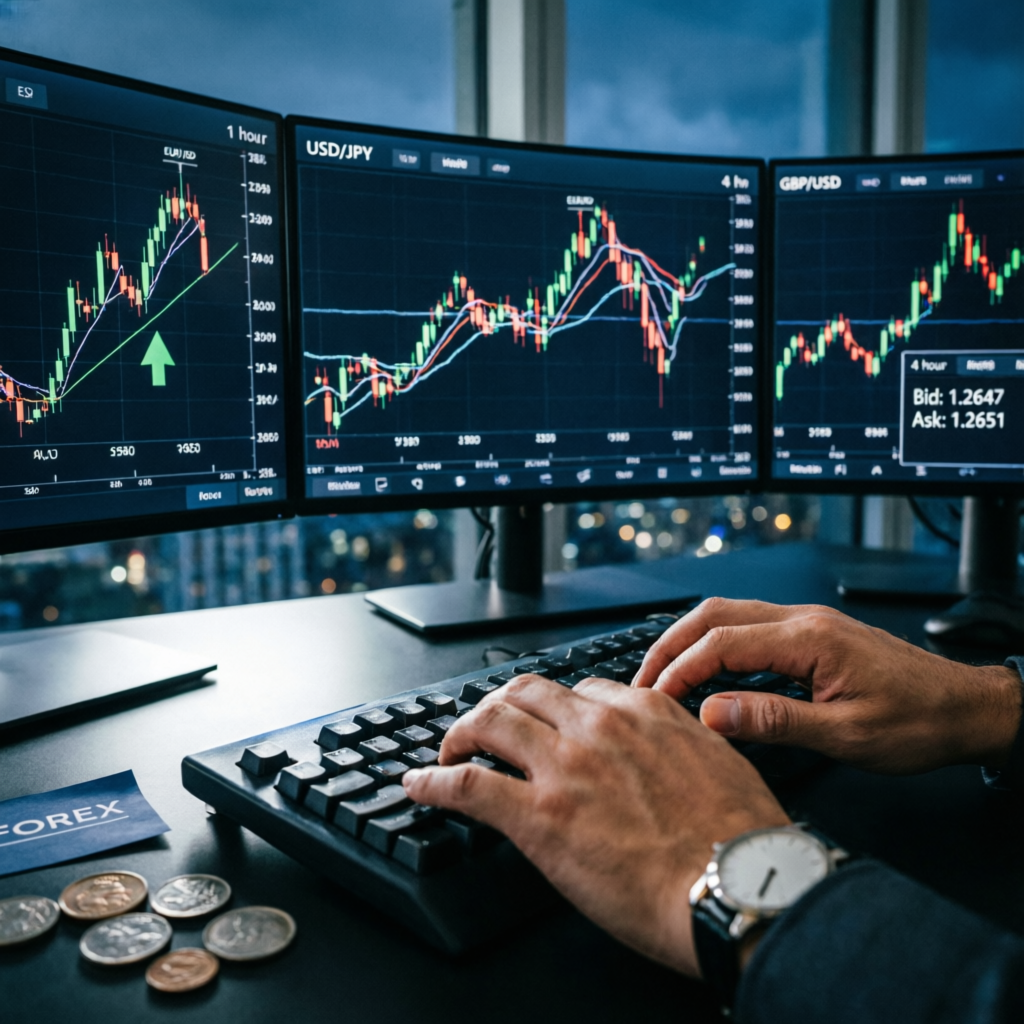 Professional Trader Executing Forex Trades on Multiple Monitors