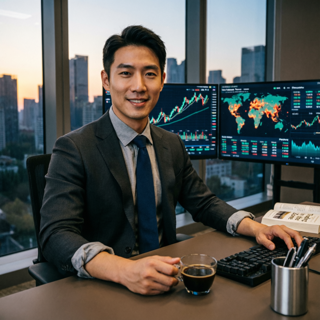 Professional funded trader at desk with trading monitors and city view