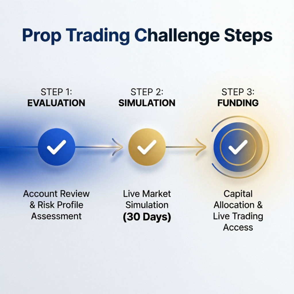 Prop trading challenge steps: evaluation, simulation, and funding phases