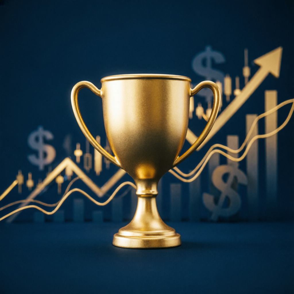 Golden trophy representing funded trader success and achievement