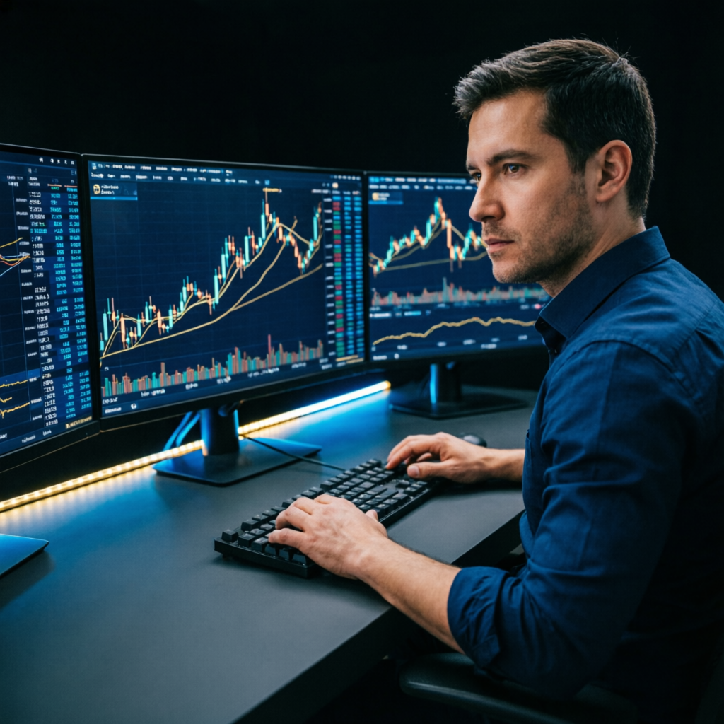 Professional prop trader analyzing futures markets on multiple monitors