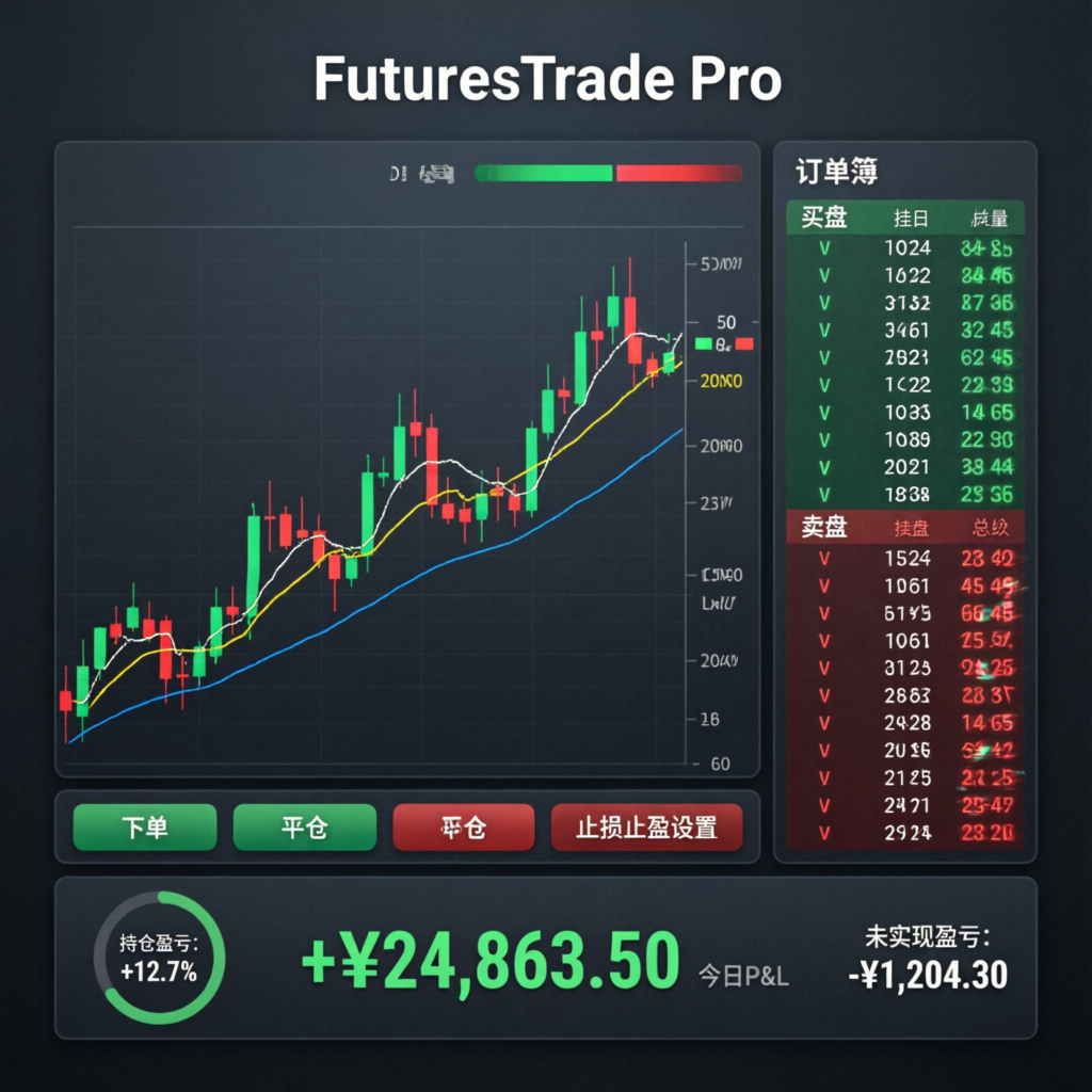 Futures trading platform dashboard showing P&L and market data