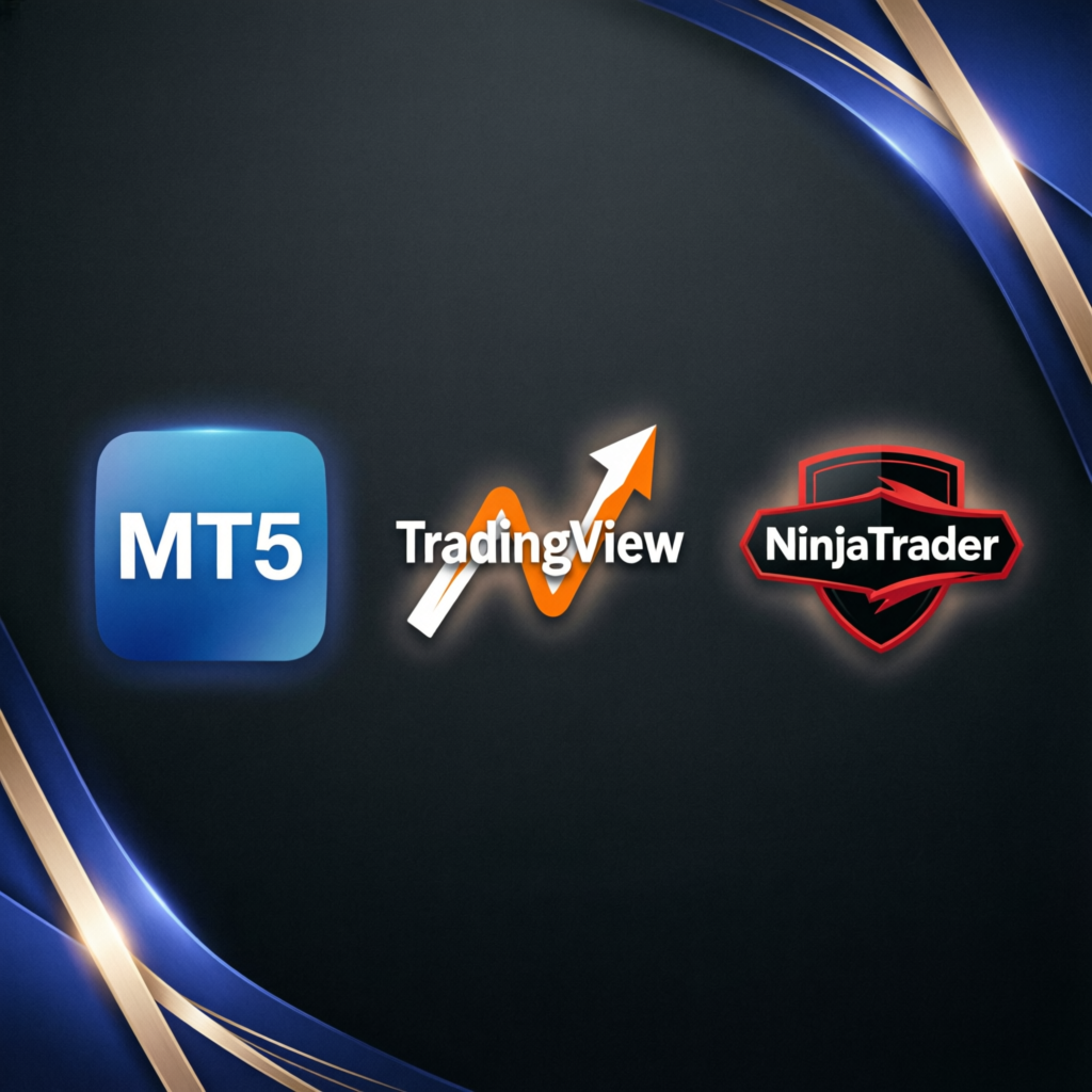 Trading platforms MT5 TradingView and NinjaTrader logos on dark background