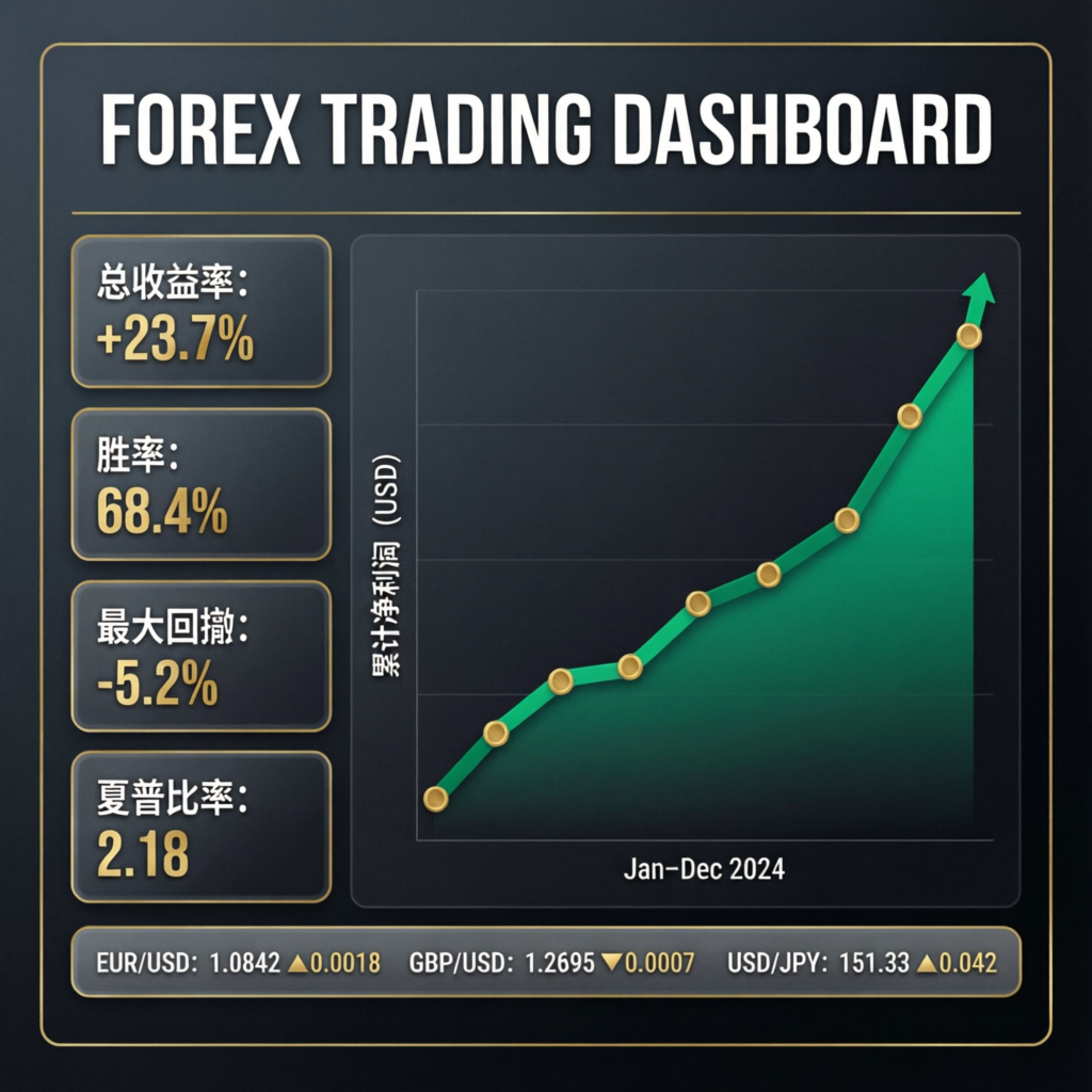 Forex trading dashboard showing verified profit growth and performance metrics