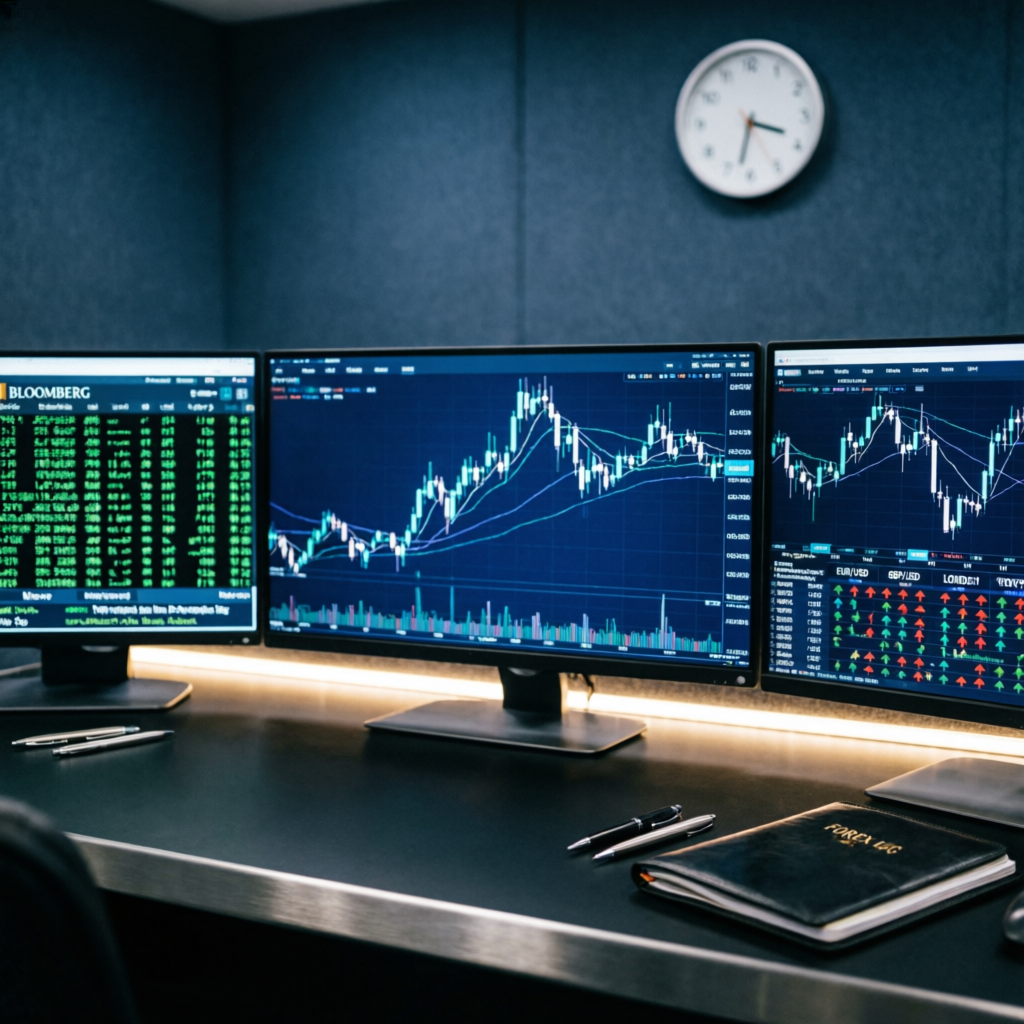 Professional trading setup with multiple monitors showing live market analysis