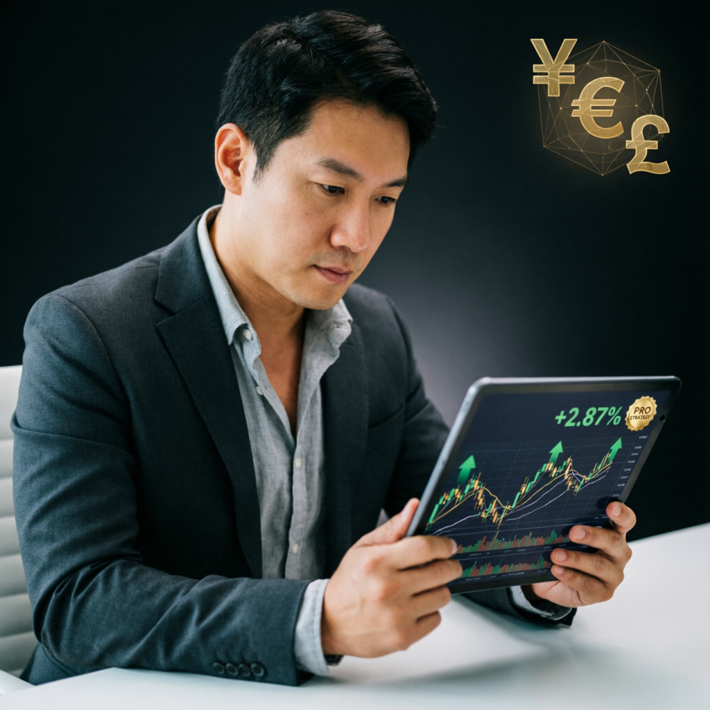 Professional forex trader analyzing The5ers trading strategy on tablet