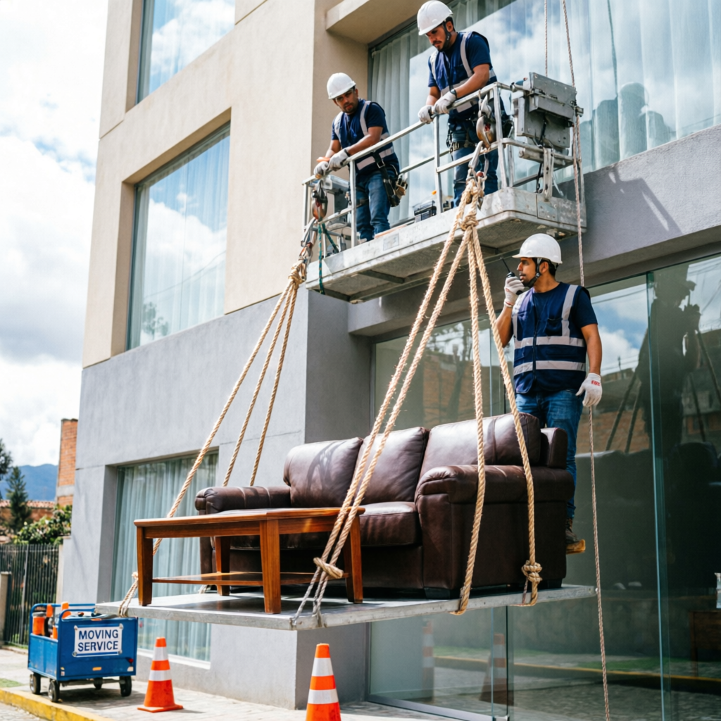 Bajar Muebles por Fachada con sistema de poleas y plataforma mecánica
