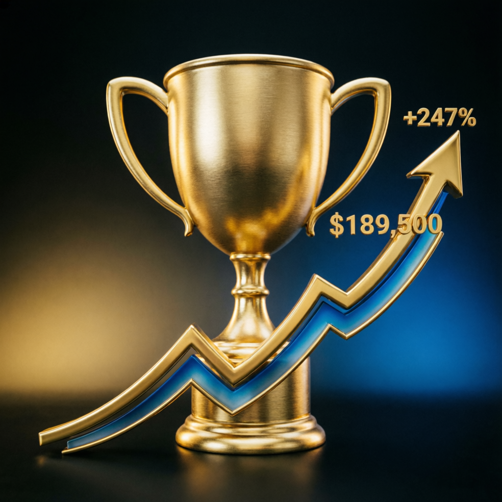 Funded account success trophy with profit growth