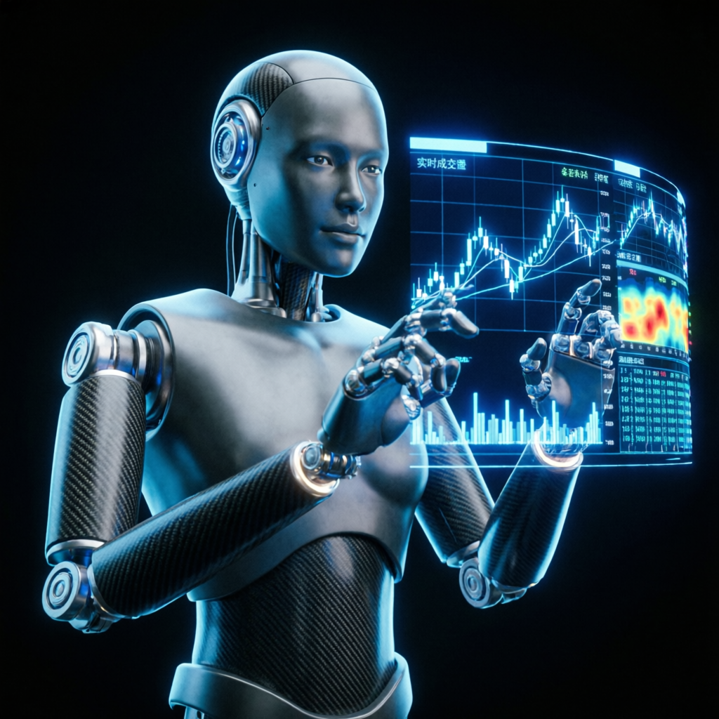 AI-powered trading robot analyzing financial markets