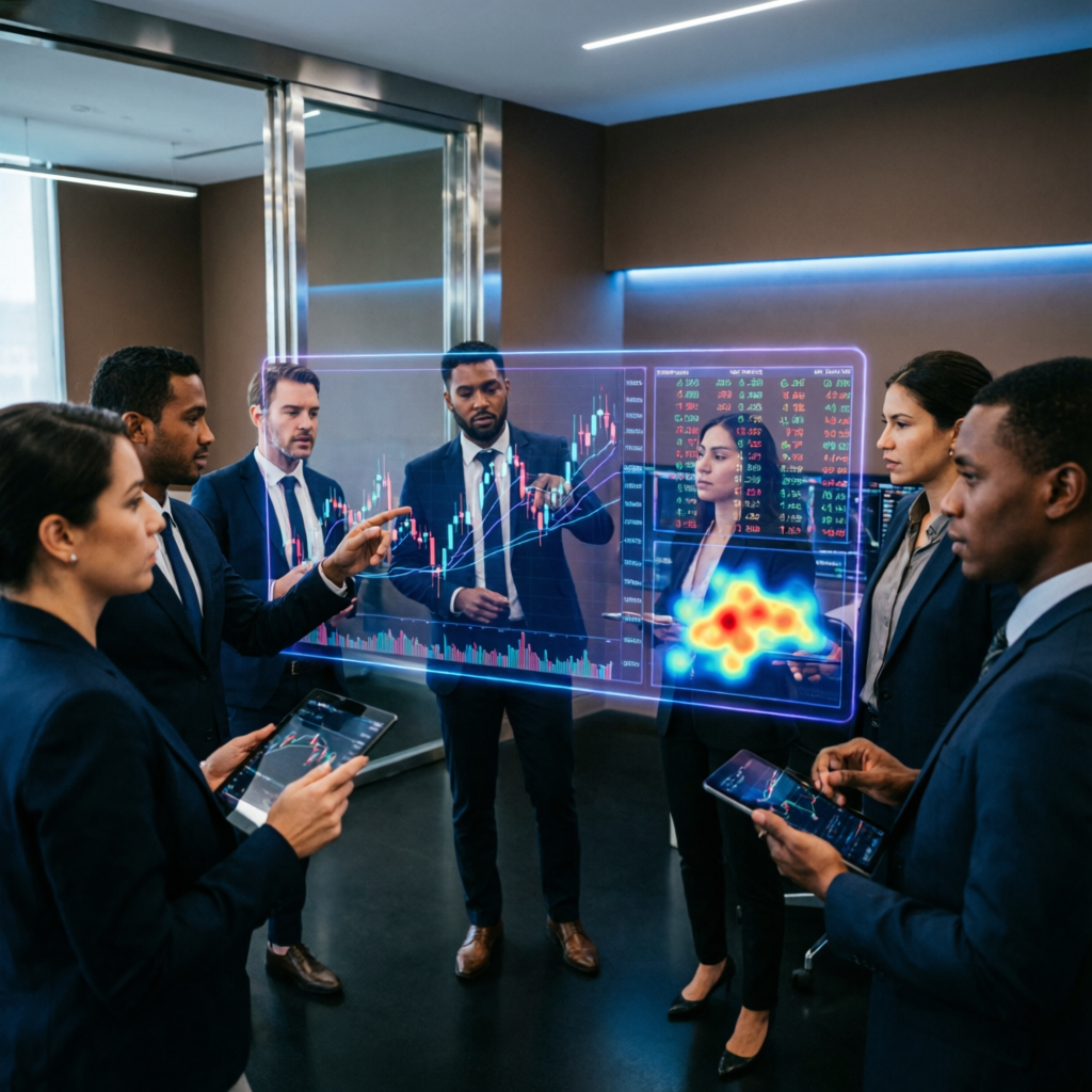 Professional trading team collaboration with holographic displays