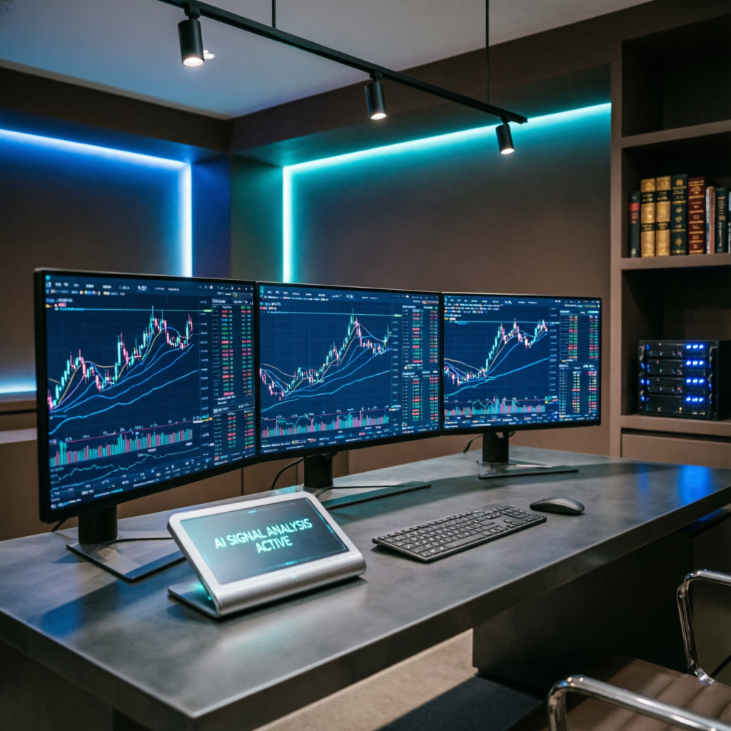Professional forex trader workspace with multiple monitors