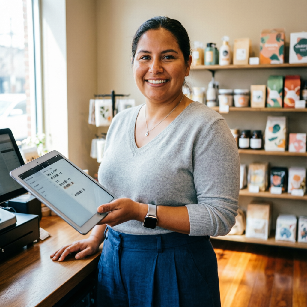 Dueña de negocio gestionando su tienda con una tablet