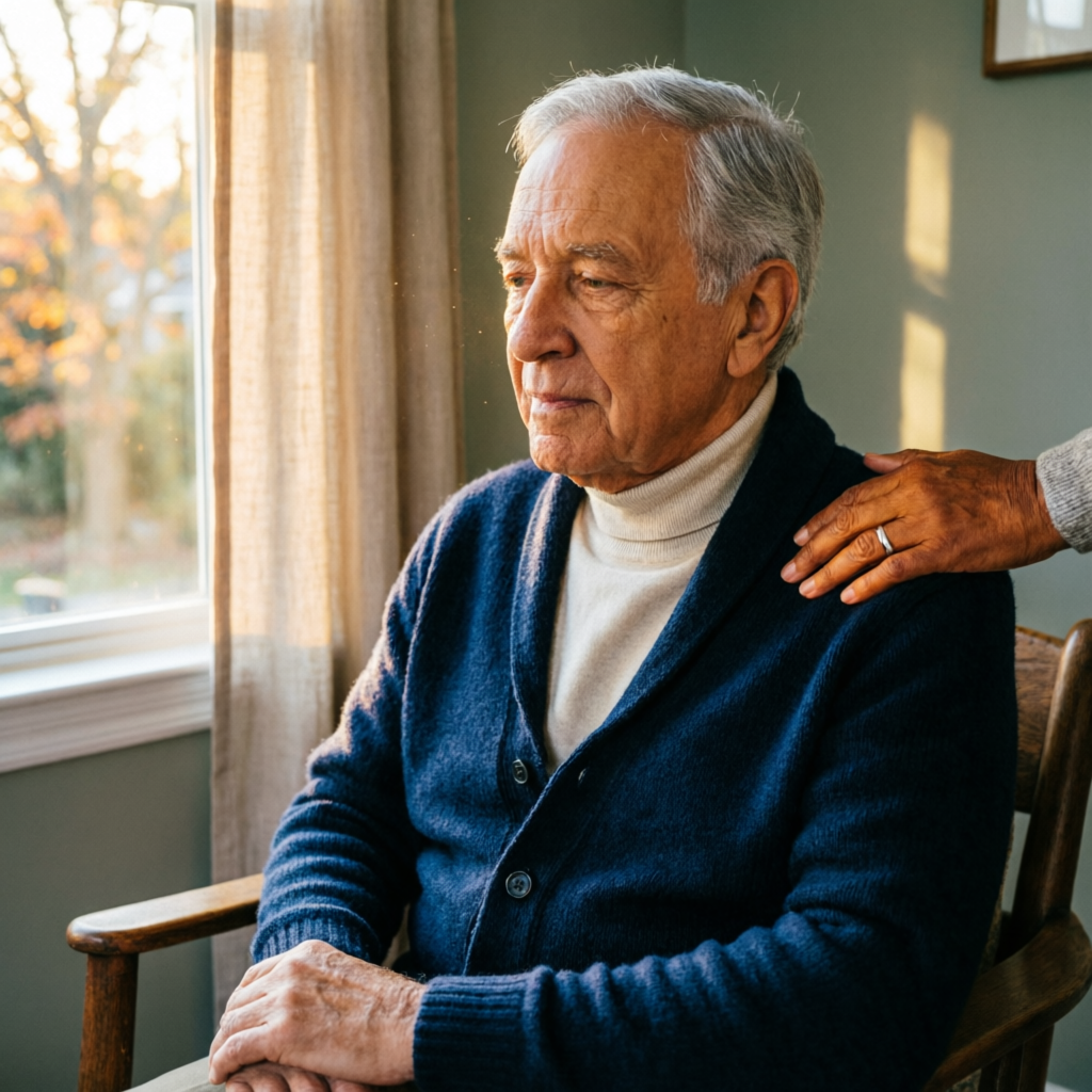 Elderly man sitting by window with a caring family member's hand on his shoulder