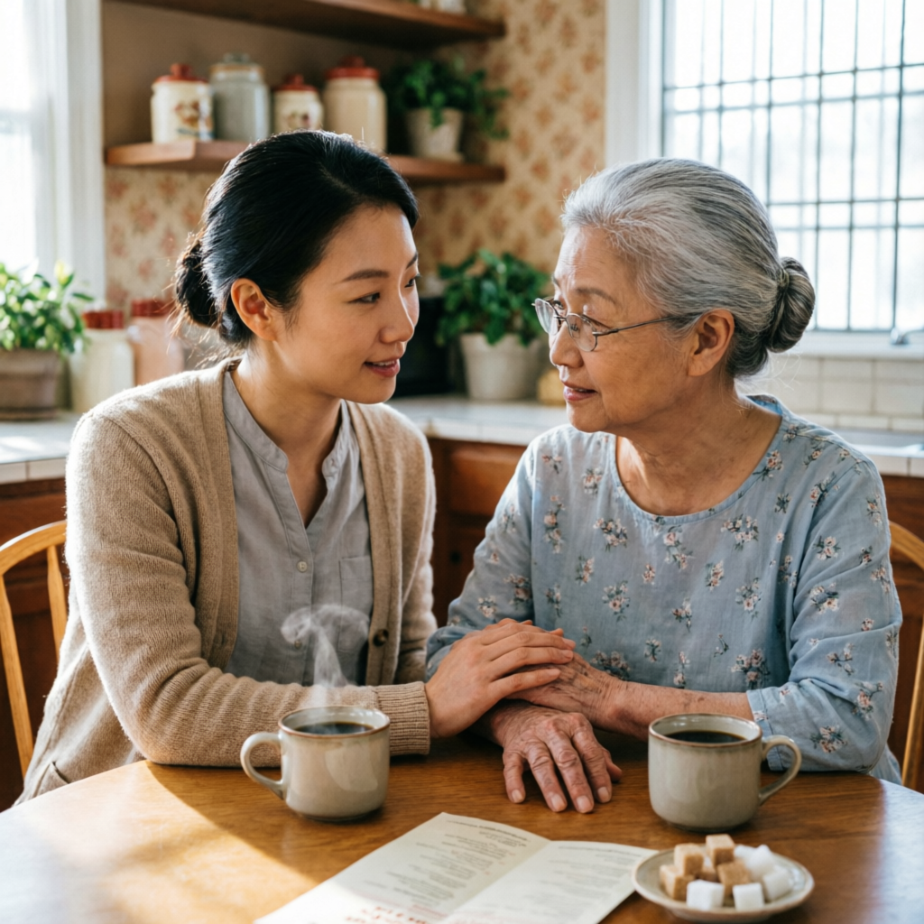 Adult daughter having a caring conversation with her elderly mother over coffee