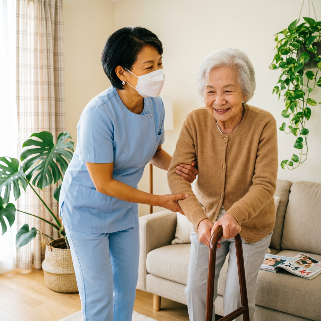 Compassionate home health aide assisting an elderly woman in a warm living room