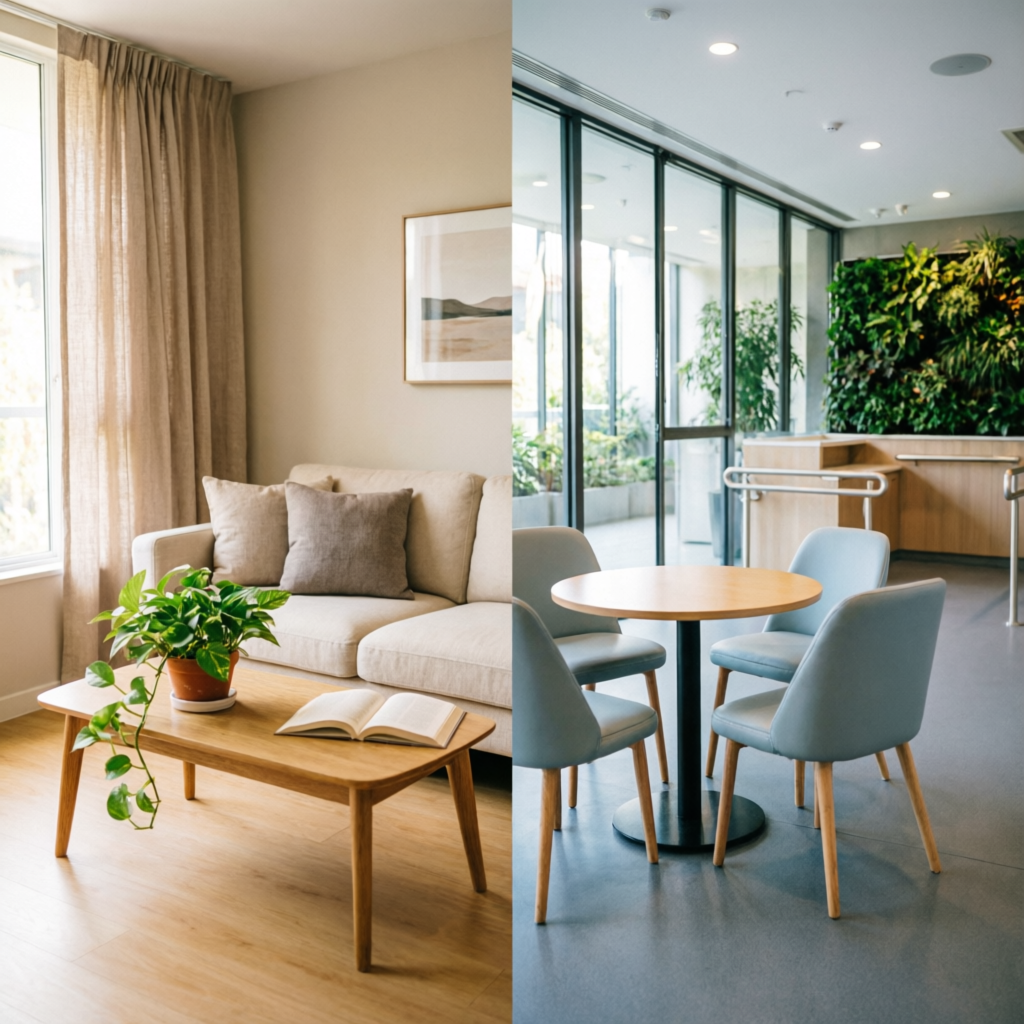 Comparison of cozy home living room and modern assisted living community space