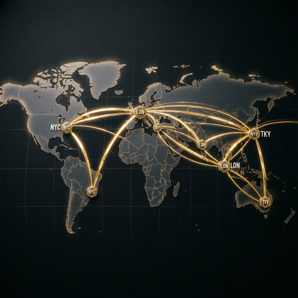 Global financial network connecting major trading centers for 24-hour futures markets