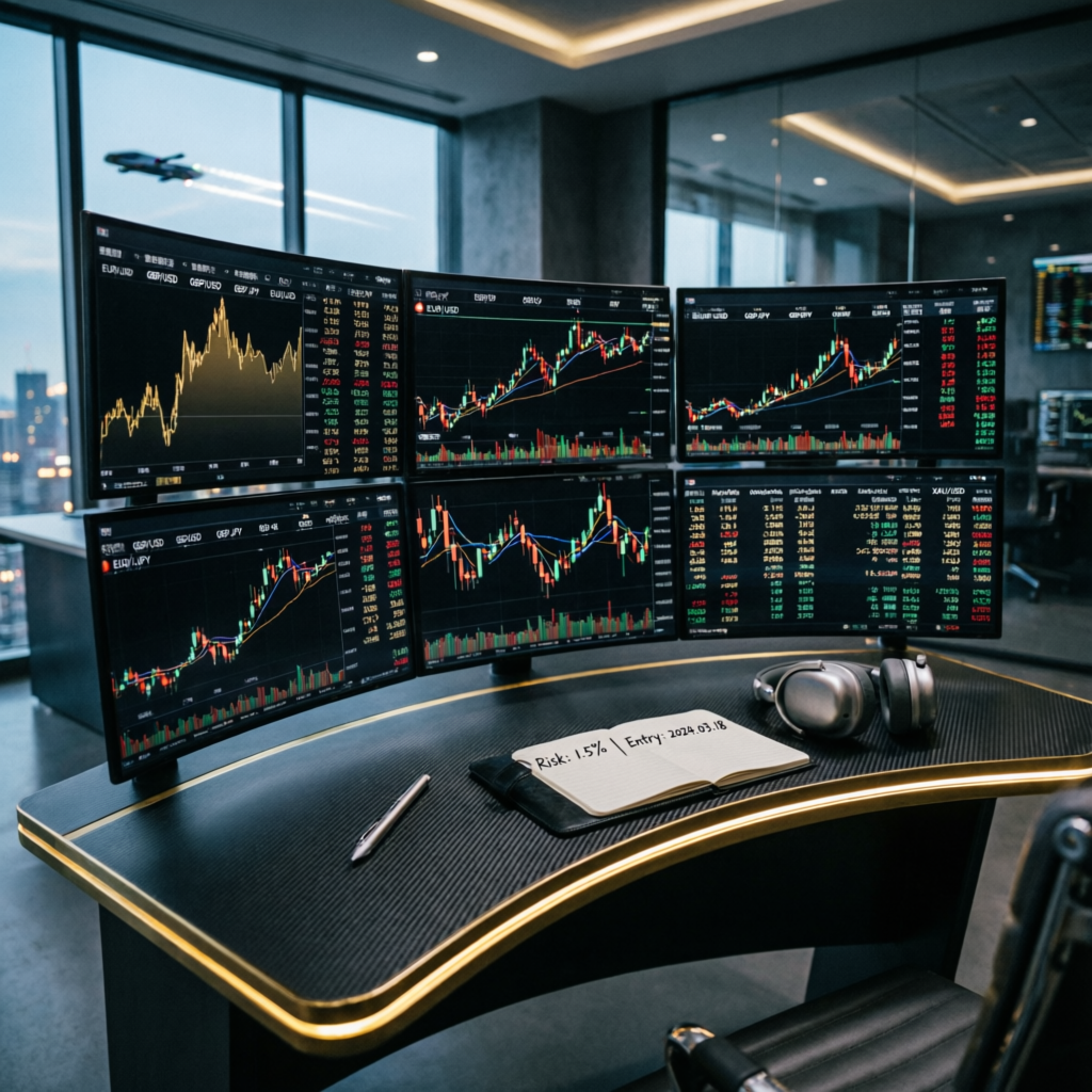 Professional trading desk with multiple monitors showing Topstep futures charts