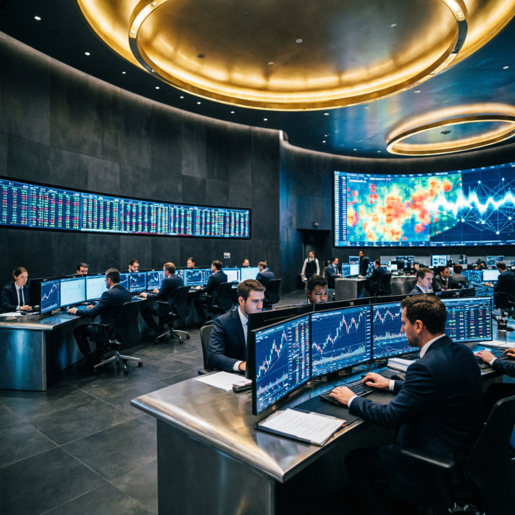 Professional prop firm trading floor with traders managing funded accounts