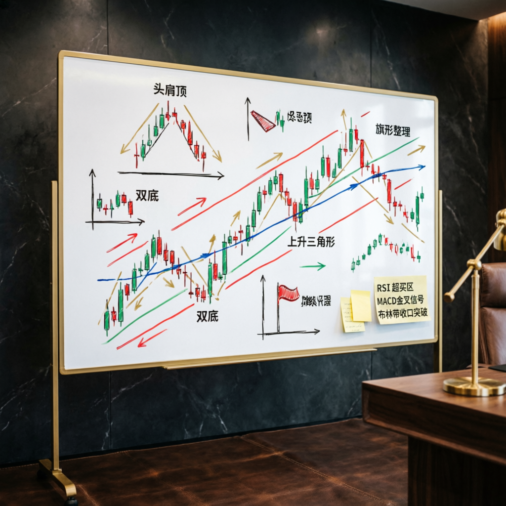 Trading strategy whiteboard with technical analysis patterns for Topstep funded accounts