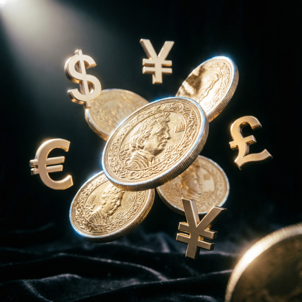 Global currency symbols representing forex and futures trading opportunities