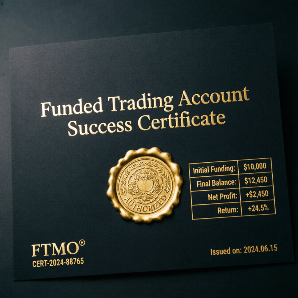 Funded trading account success certificate showing profit achievement