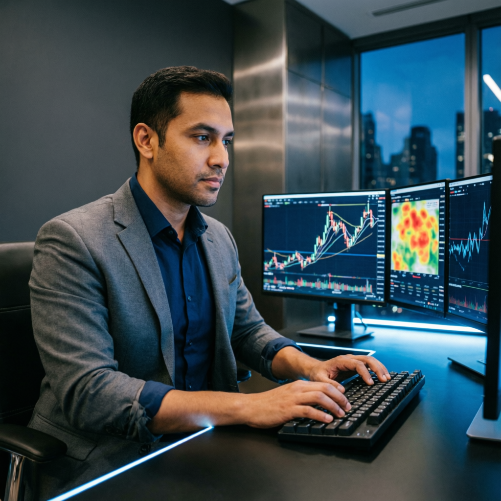 Professional trader analyzing Topstep combine rules on multi-monitor setup