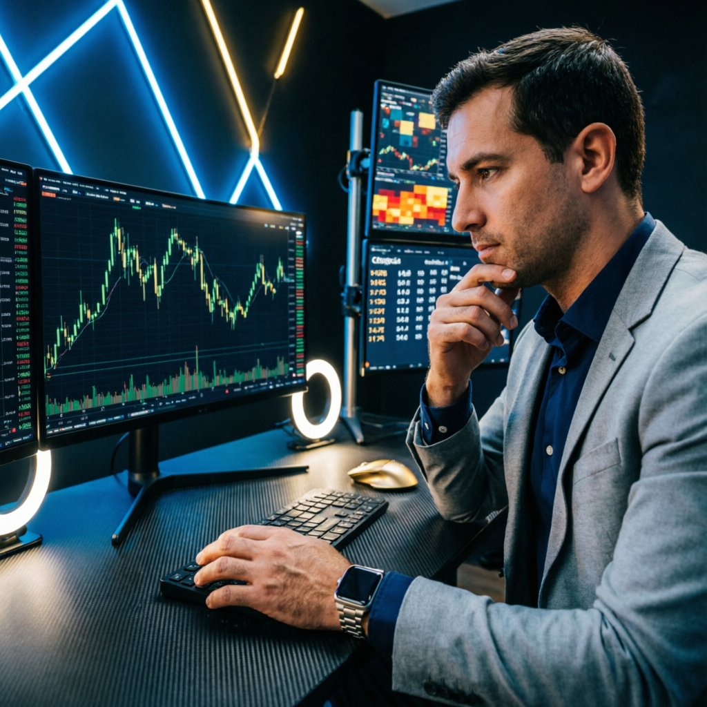 Professional forex trader analyzing Topstep Trading Combine rules on multiple screens