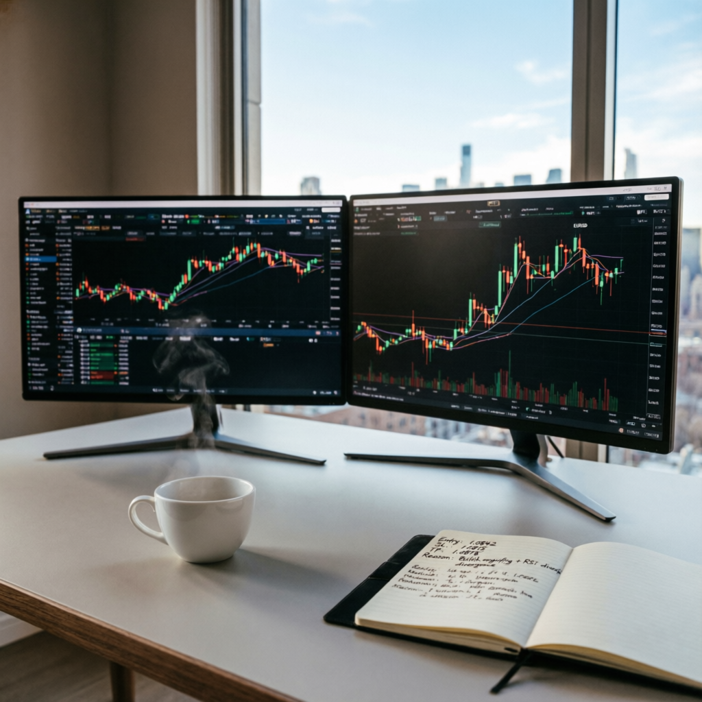 Professional forex trader workspace with dual monitors showing MT5 trading platform