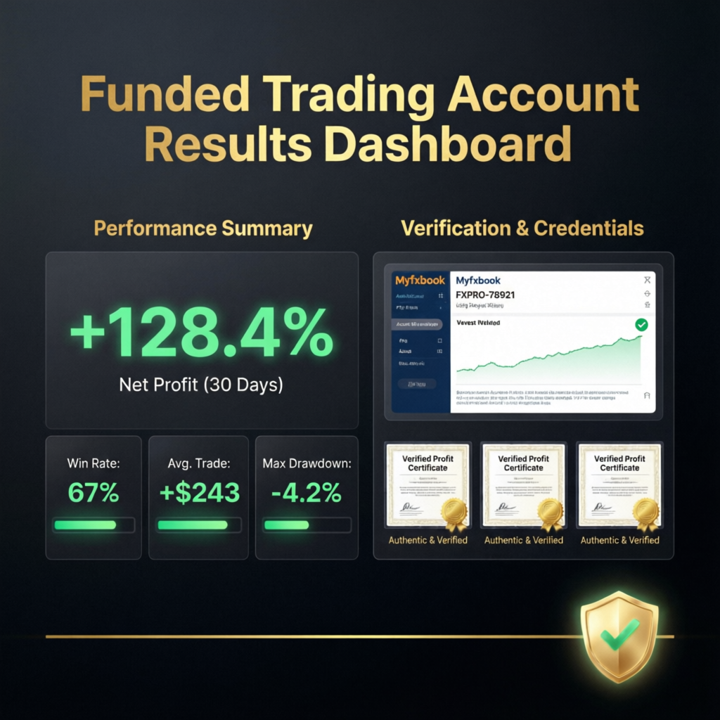 Funded trading account results dashboard showing +128.4% net profit with 67% win rate and verified certificates