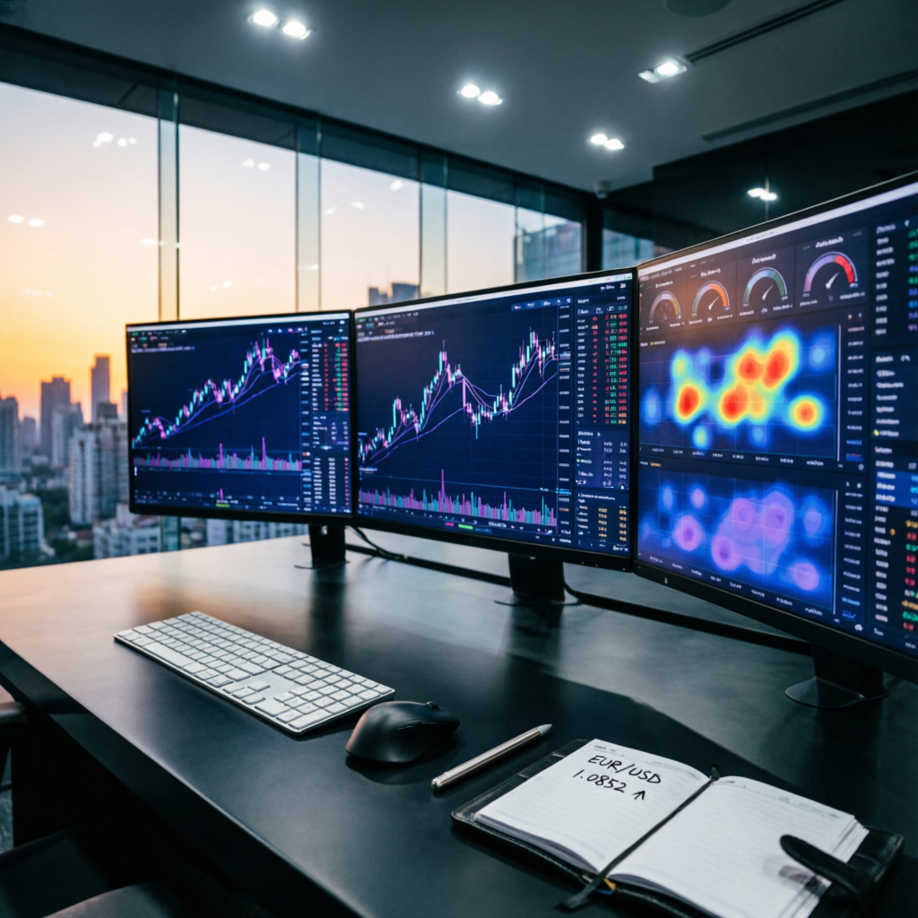 Professional trading desk with multiple monitors showing forex charts and trading platforms