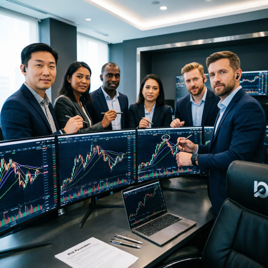 Professional team of expert forex traders at PFM Capitals collaborating in modern trading office