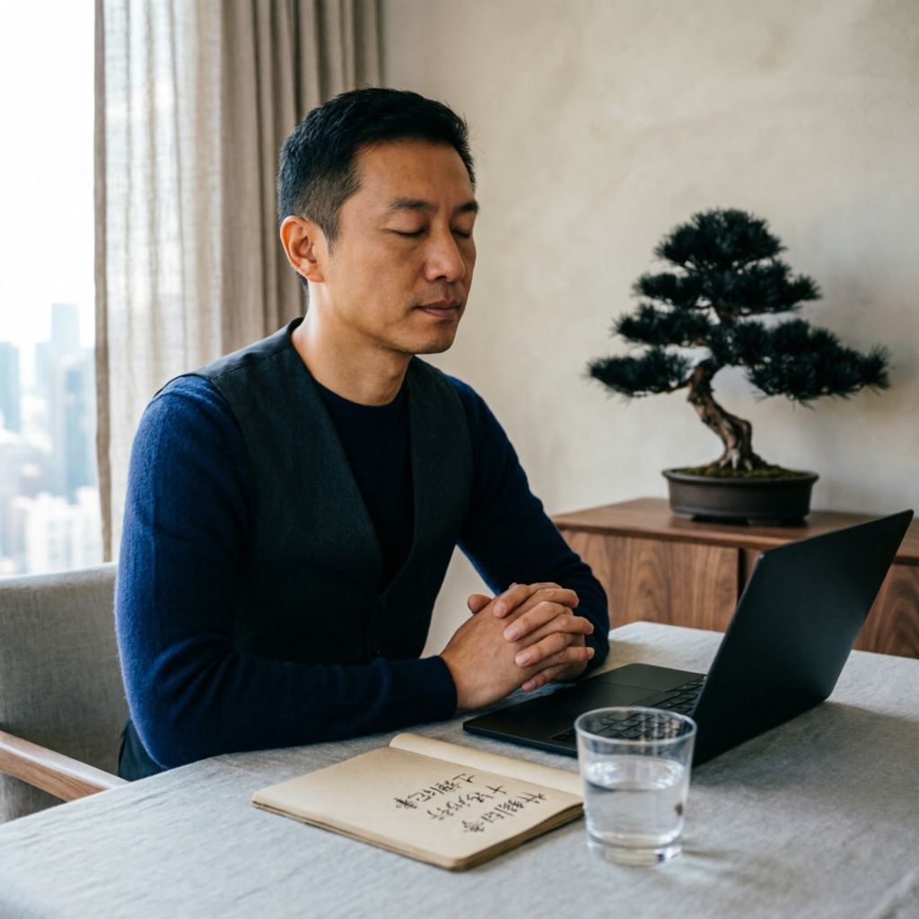 Professional trader practicing mindfulness and mental preparation before trading sessions