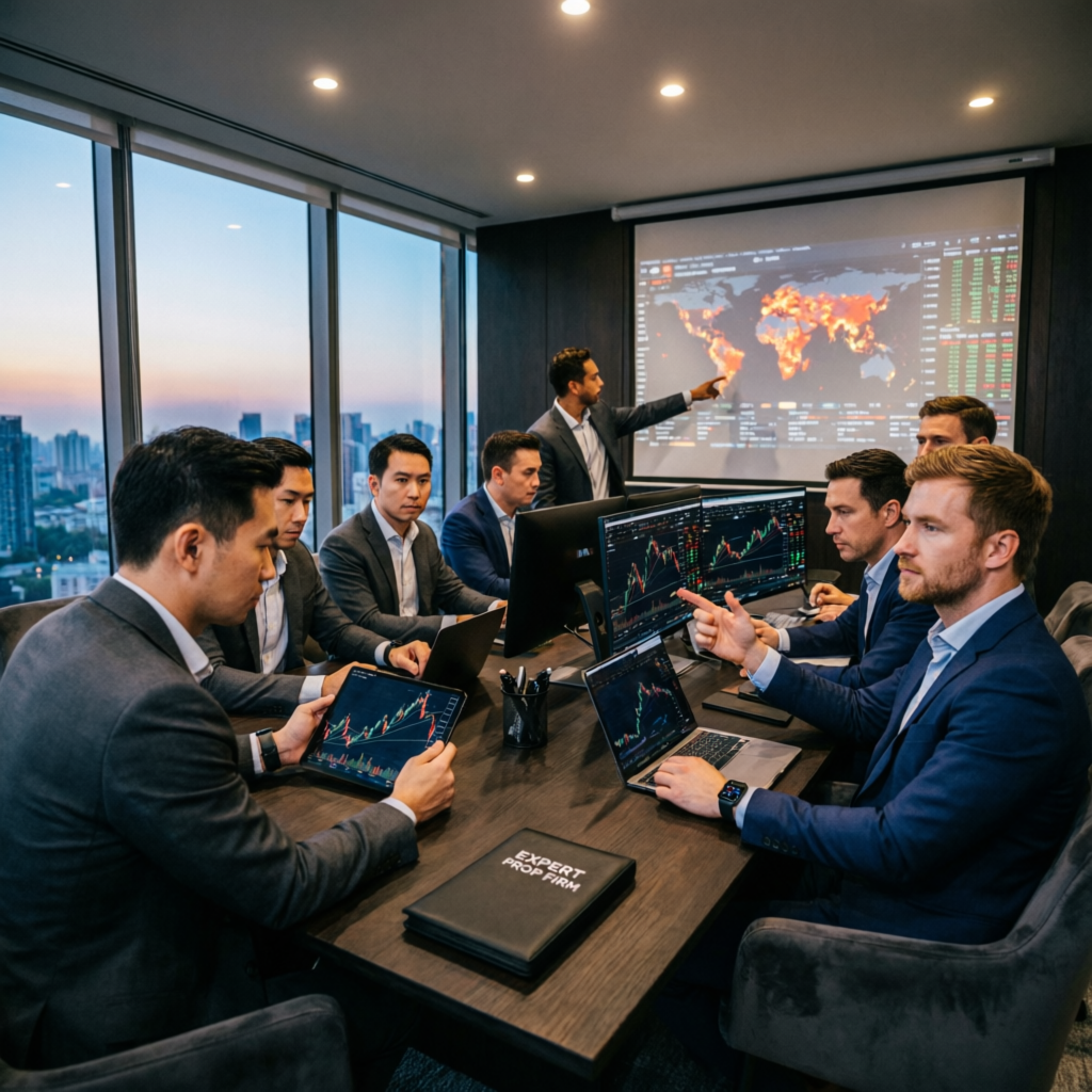 Expert prop firm trader team analyzing markets