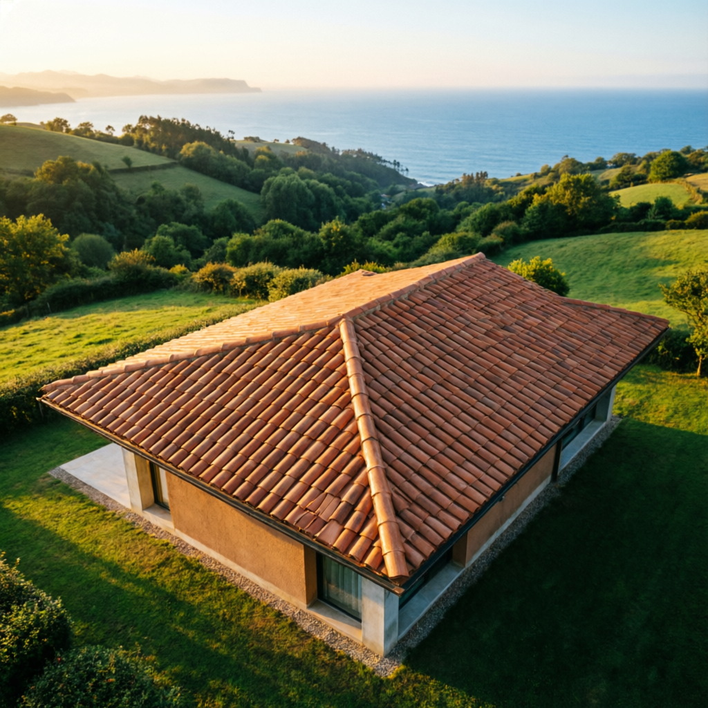 Vista aérea de una vivienda en Cantabria con tejado nuevo de teja curva al atardecer