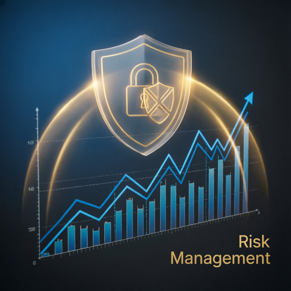 Risk management shield protecting trading charts - PFM Capitals