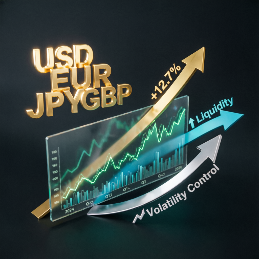 Forex trading concept with currency symbols and growth charts