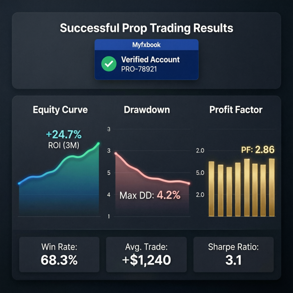 Successful prop trading results dashboard with verified myfxbook account - PFM Capitals