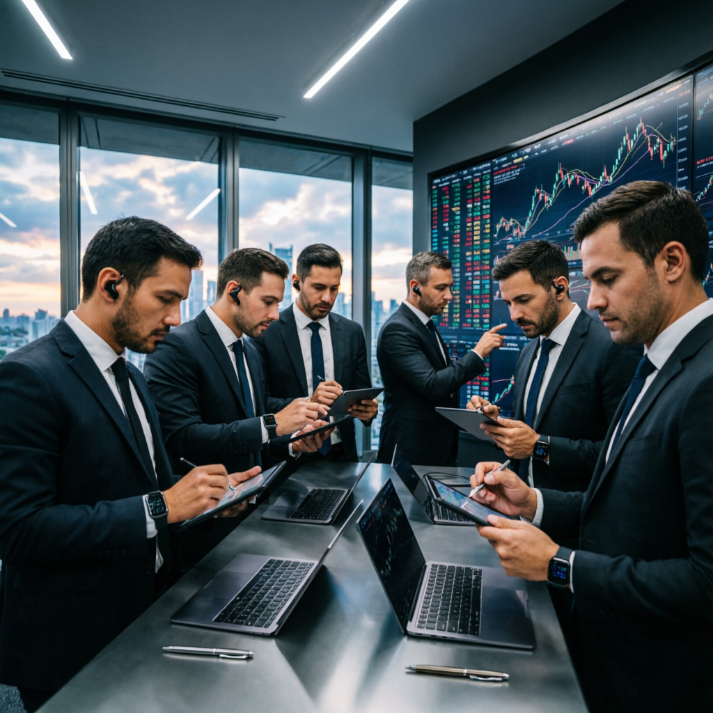 Professional trading team at PFM Capitals collaborating on prop firm challenges