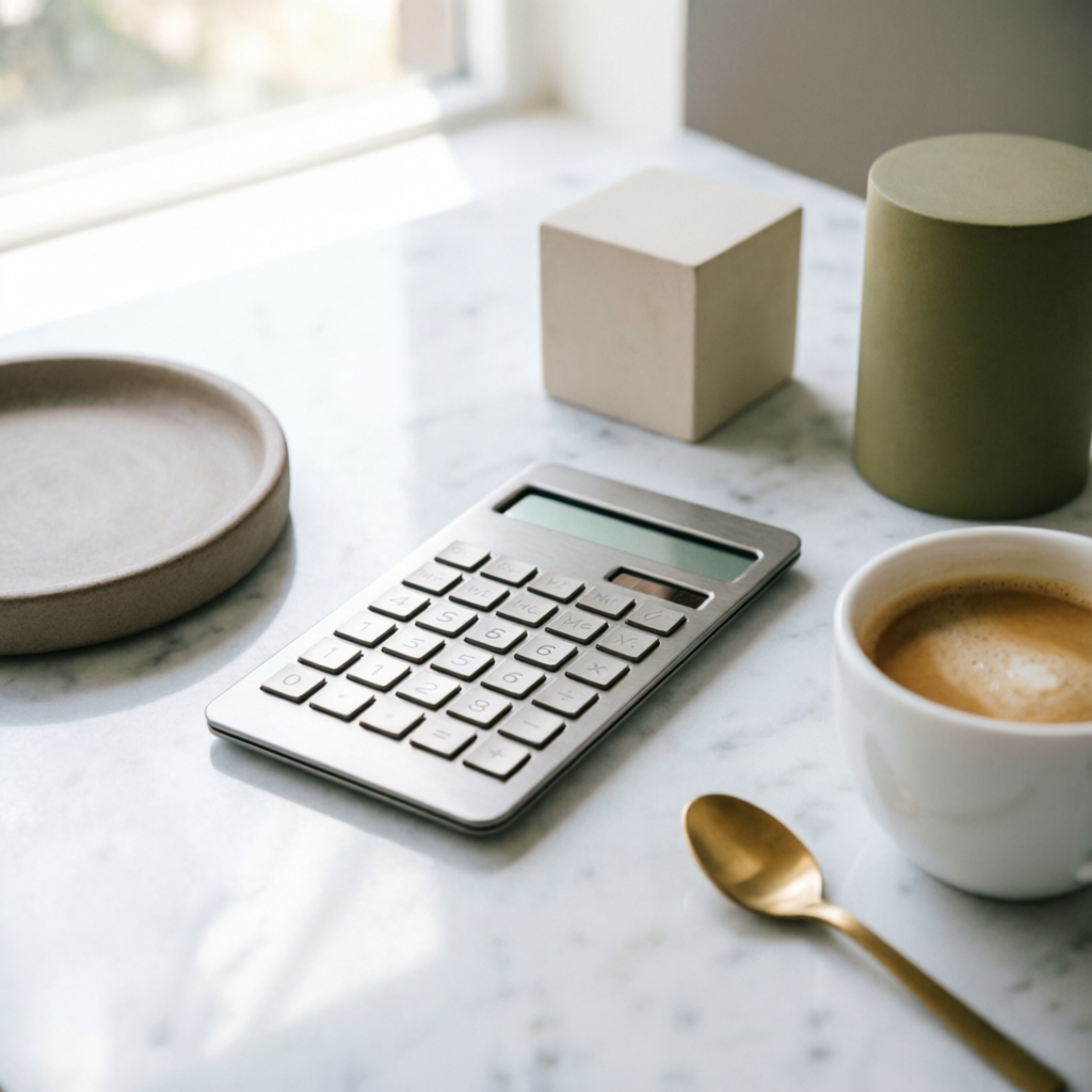 Minimalist calculator on a clean workspace with coffee and natural light