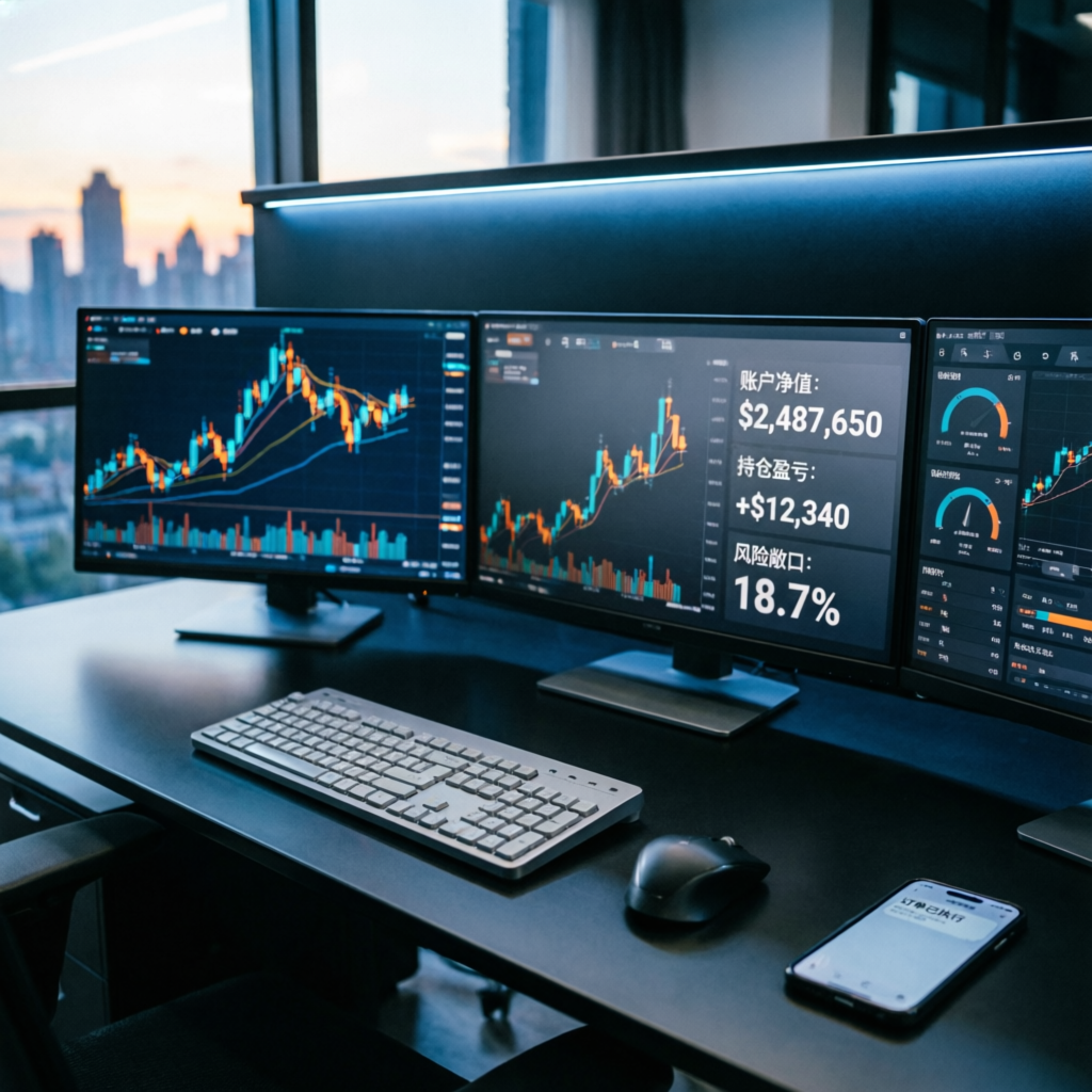 Professional trading desk setup with futures charts
