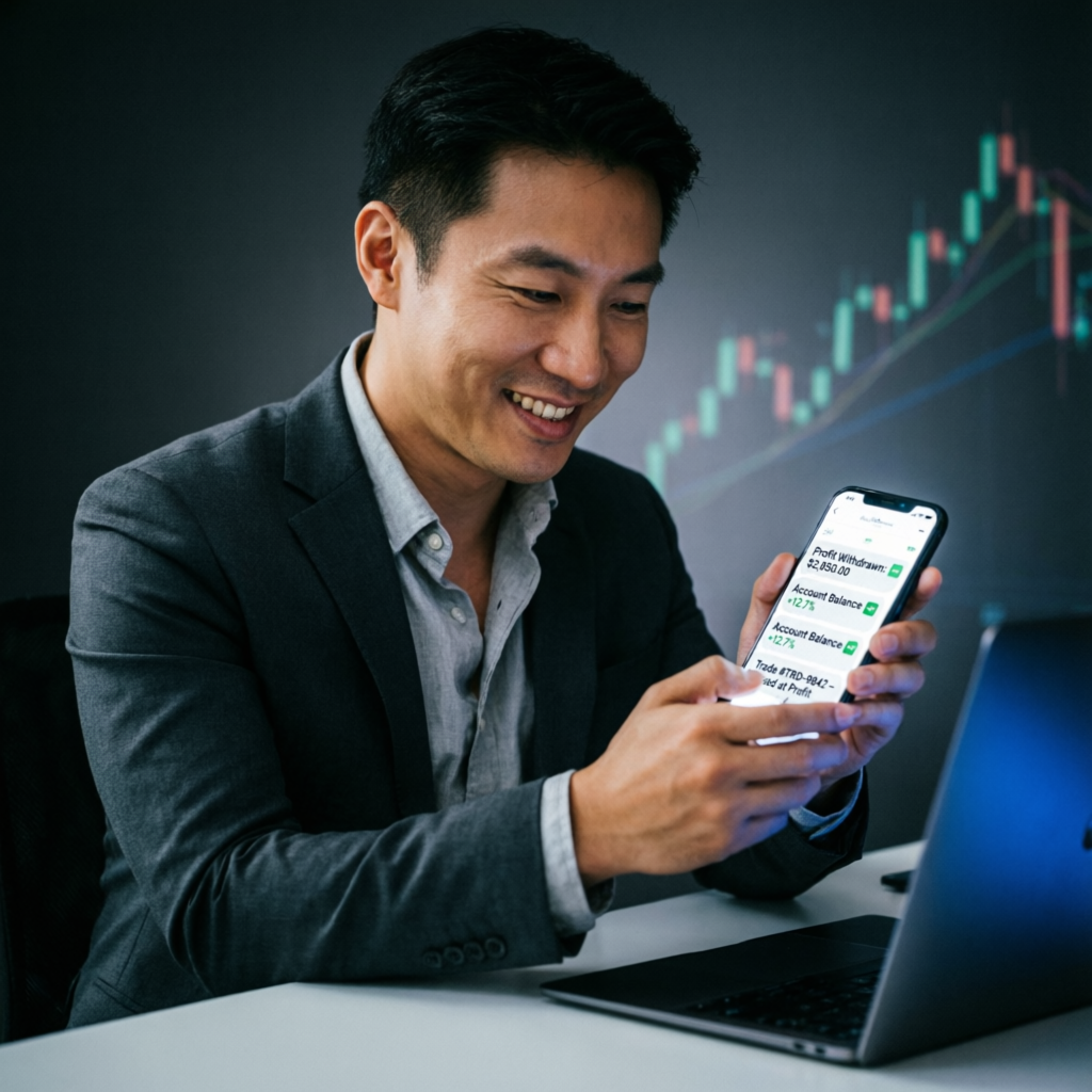 Trader celebrating profit withdrawal