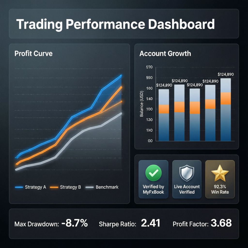 PFM Capitals trading performance dashboard showing profit curves, account growth, and verification badges