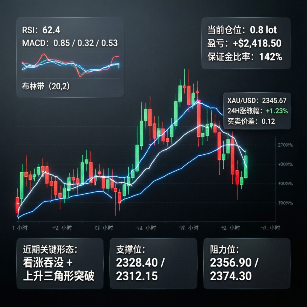 XAUUSD scalping strategy chart showing candlestick patterns, RSI indicator, MACD, and Bollinger Bands analysis