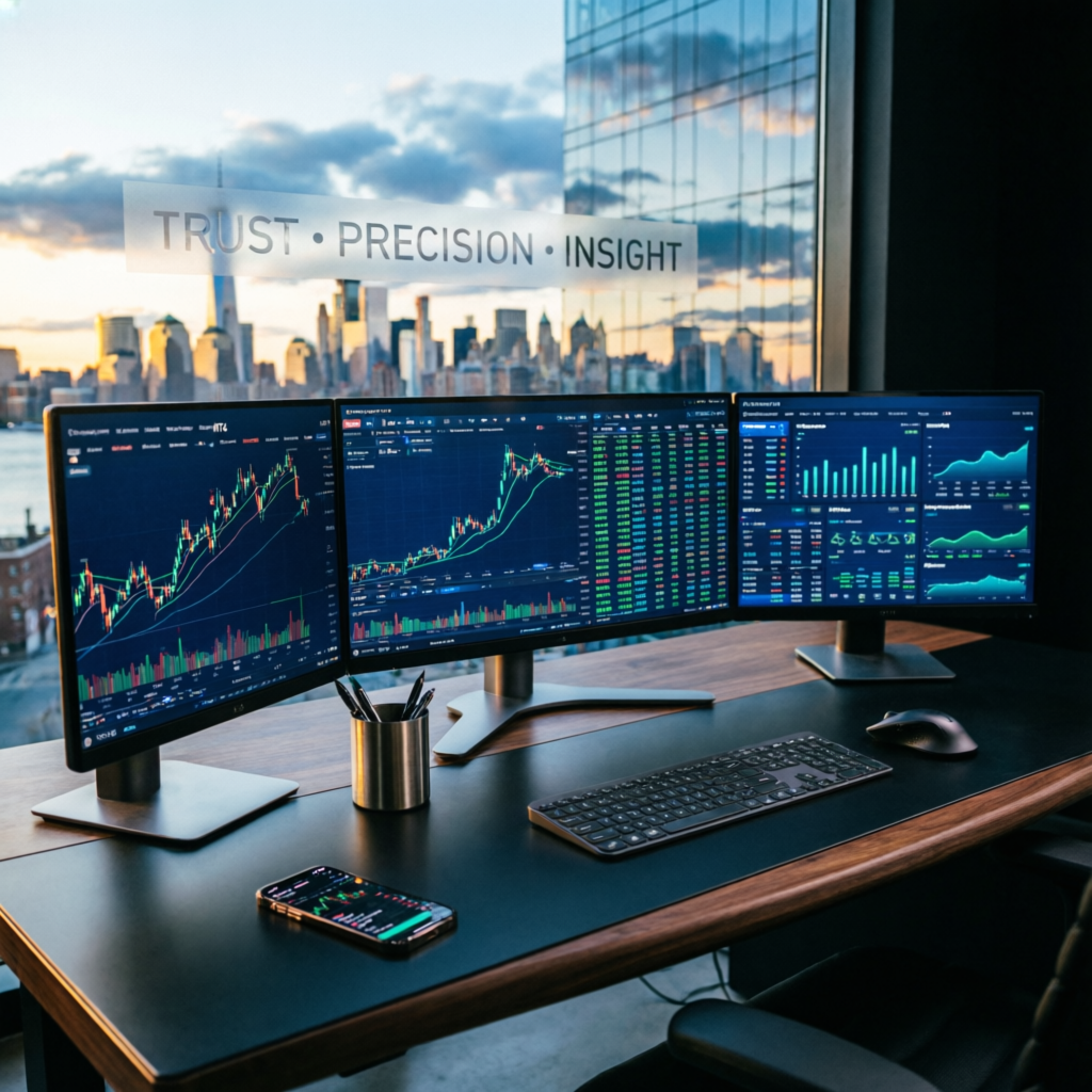 Professional XAUUSD trading desk with multiple monitors displaying gold charts and market analysis - PFM Capitals prop firm service