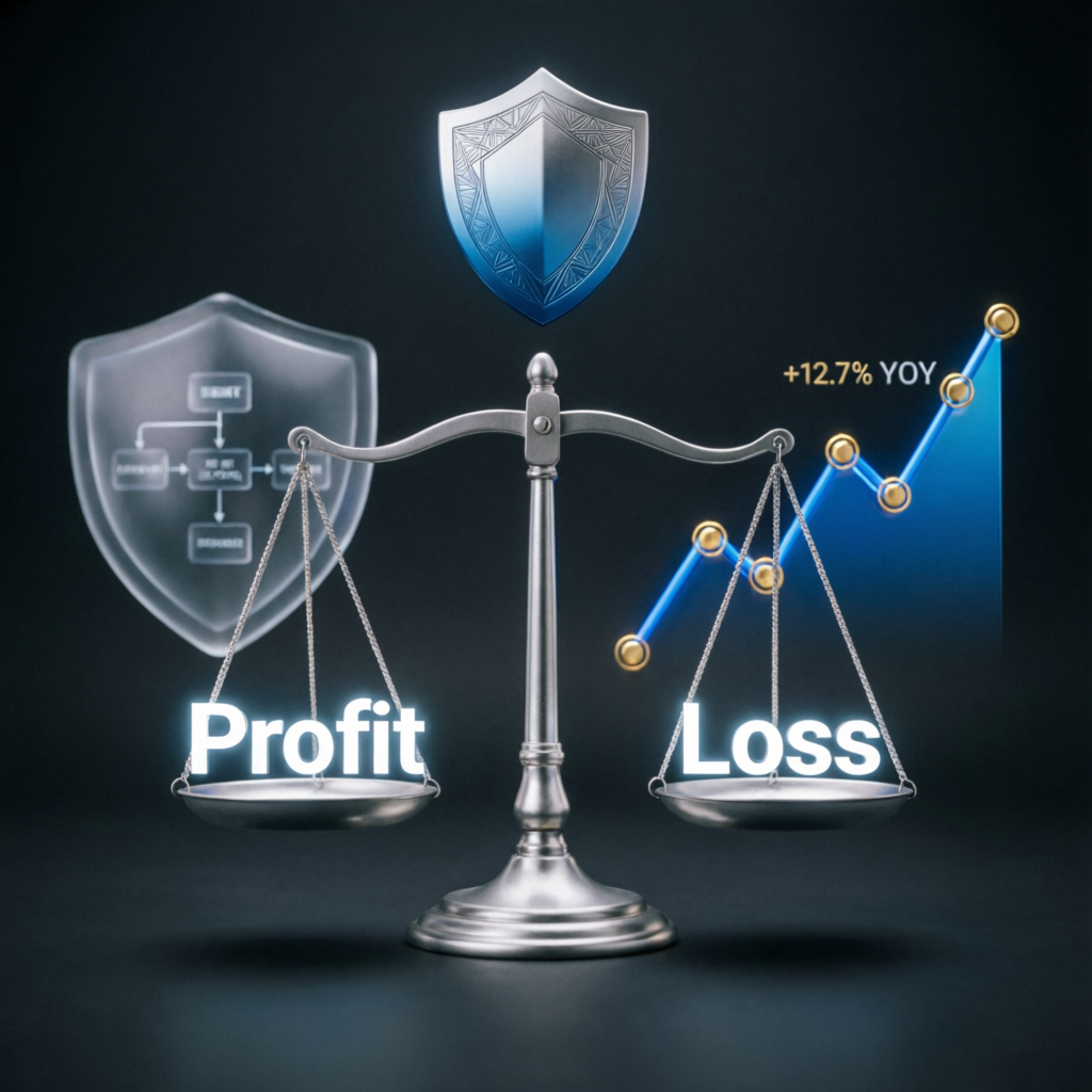 Risk management concept showing balance between profit and loss with protective shield for prop firm trading