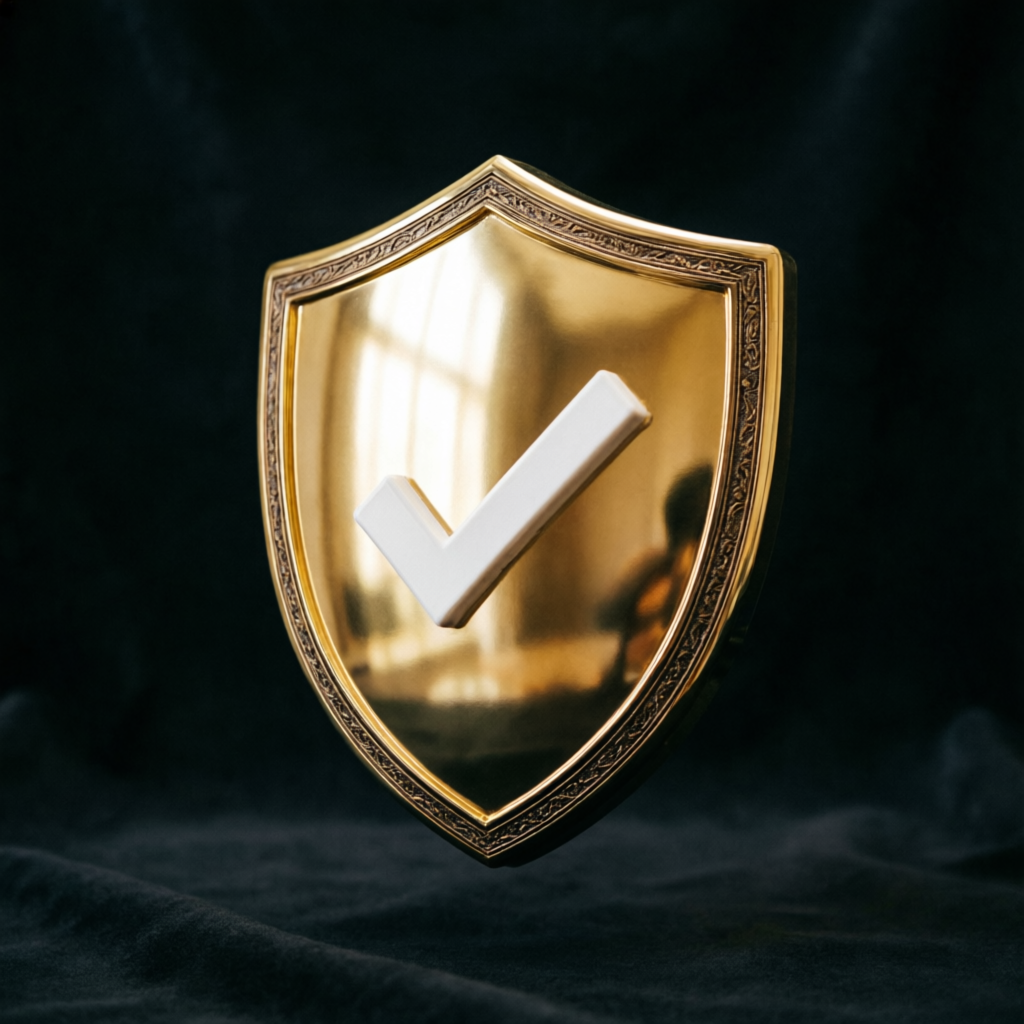 Golden shield with verified checkmark representing trust and security in prop firm services