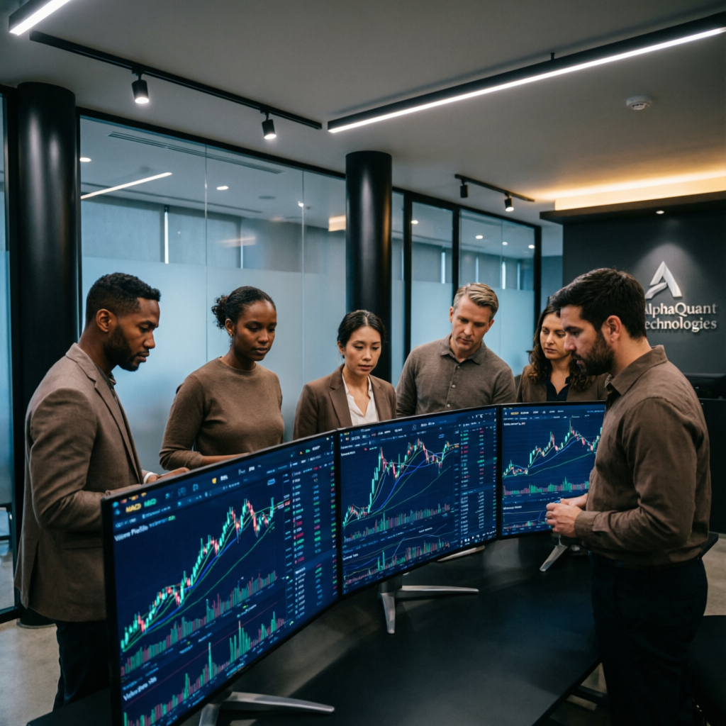Professional trading team collaborating on multiple chart screens in modern fintech office